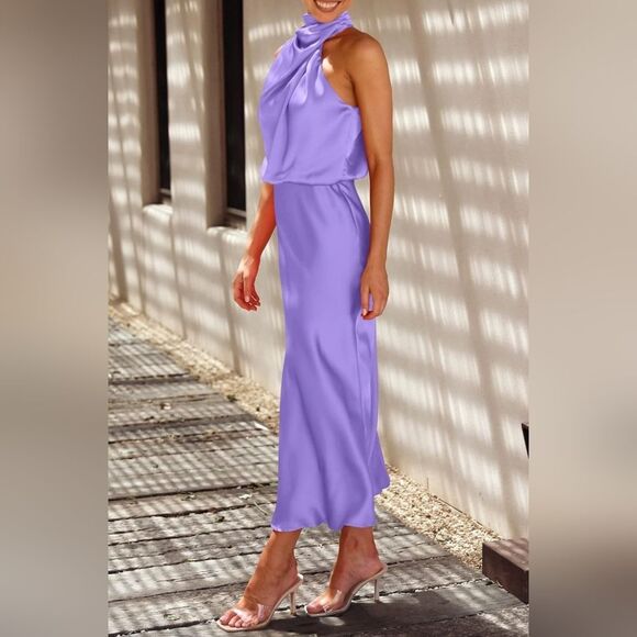 PRETTYGARDEN Purple Satin Asymmetric Mockneck Midi Dress - Picture 9 of 11